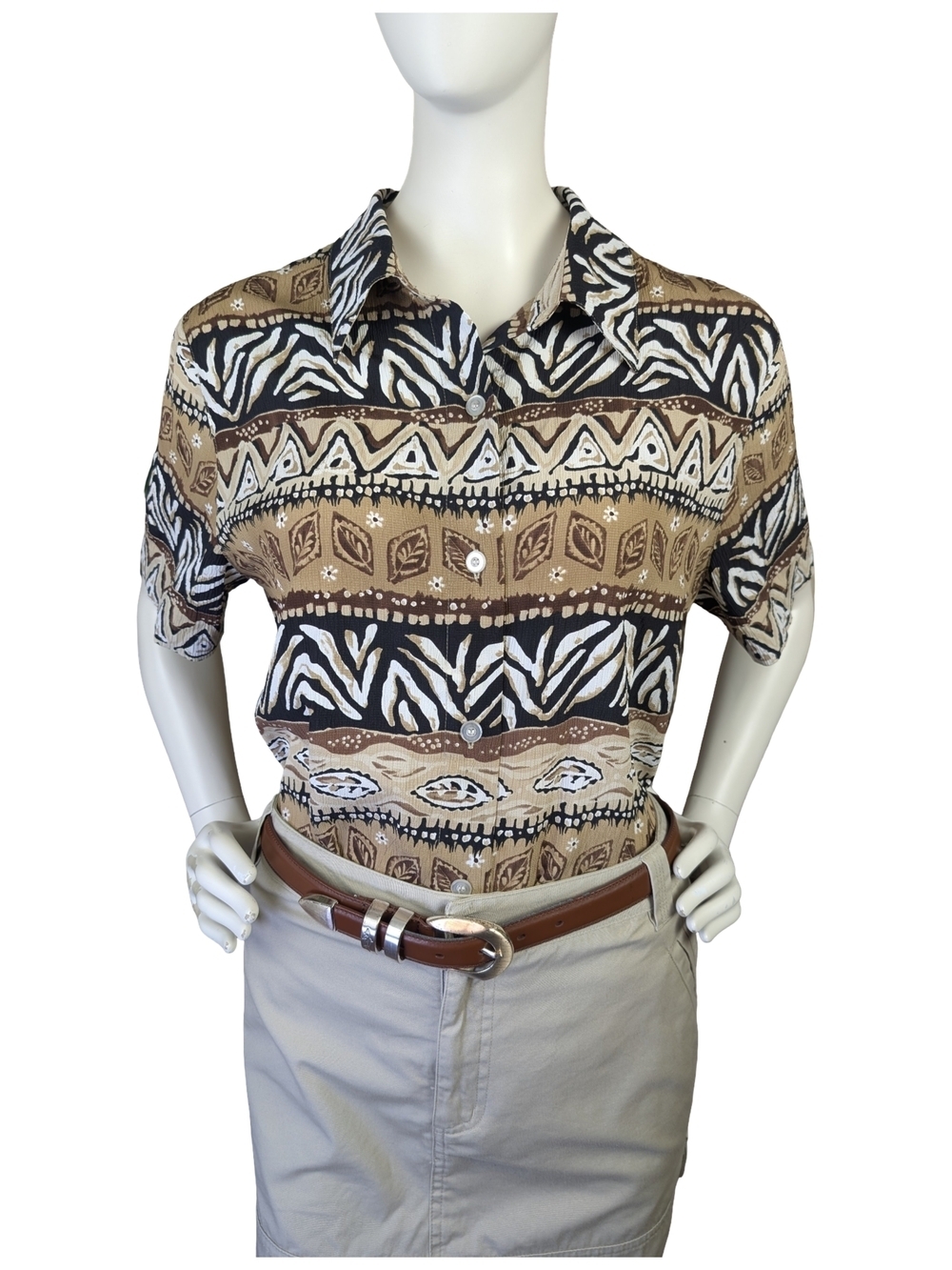 Alfred Dunner Safari Zebra Geometric Button Up Blouse | Black And Tan | Size 12